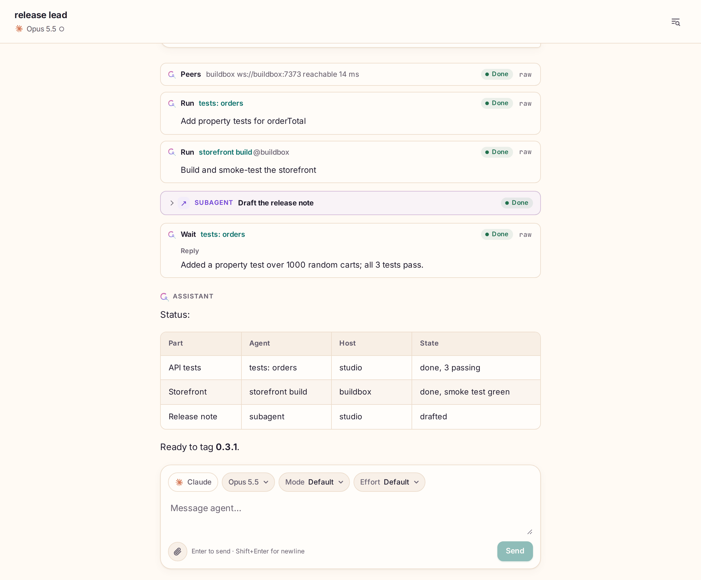 A lead agent starts agents on two hosts, waits for them and reports a status table