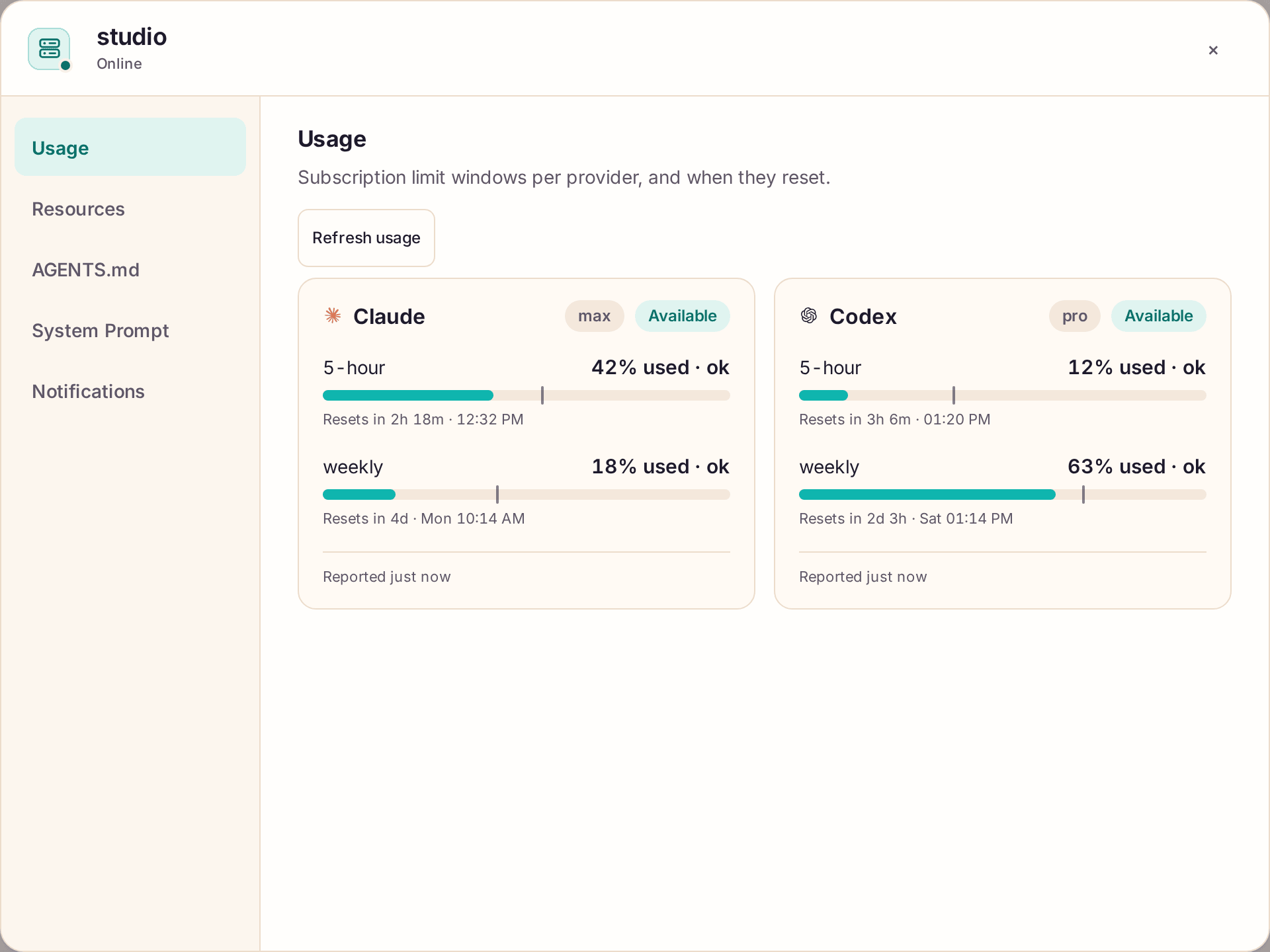 Host usage panel showing Claude and Codex subscription windows, percent used and reset times